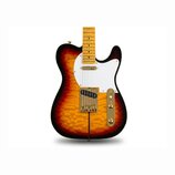 Elektrická kytara s tlemem v barvě sunburst a výraznou plamenovou strukturou dřeva. Nástroj má bílý pickguard, javorový hmatník a zlaté kovové části,…
