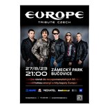 Propagační plakát kapely Europe Tribute Czech. Na fotografii je zobrazeno pět mužů v kožených bundách a slunečních brýlích. Text na plakátu uvádí dat…