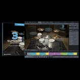 Snímek zobrazuje software Superior Drummer 3 od společnosti Toontrack. Na levé straně je zobrazen obal produktu s nápisy SUPERIOR LINE, 3, SUPERIOR D…