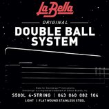 Grafika s černým pozadím, na které je v horní části červené logo la Bella a bílý nápis ORIGINAL DOUBLE BALL SYSTEM. Ve spodní části je detailní černo…