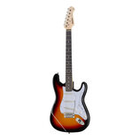 Elektrická kytara s tělem v červeno-žlutém sunburst provedení a bílým pickguardem. Na hlavě hředu je viditelné logo Squier by Fender. Nástroj má tři…