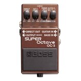 Hnědý efektový pedál značky BOSS s nápisem SUPER Octave OC-3. Na horní straně jsou čtyři černé ovládací knoflíky s popisky DIRECT LEVEL, OCT 1 LEVEL,…