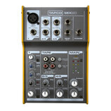Šedý mixážní pult s žlutými bočními panely. Na horním panelu je nápis TAPCO MIX50 a různé vstupy a výstupy, včetně MIC INPUT, LINE 1, LINE 2/3, LINE…