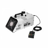 Stříbrný mlhometr s černými plasty, rukojetí a ventilátorem v přední části. Na boku je uveden nápis eurolite NH-30 MK2 DMX Hazer. K přístroji je přip…