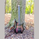 Elektrická kytara s tmavě fialovým průsvitným lakem a viditnou strukturou dřeva. Nástroj má dva humbuckery, ovládací knofíky a hrazdici most. Na hlav…