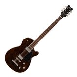 Tmavně hnědá elektrická kytara s černým hmatníkem a černým plecháčem. Na hlavě nástroje je bílý nápis Gretsch. Kytara má dva snímače s kovovými kryty…