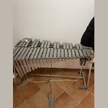 Stříbrný vibrafon s kovovými pleskami a trubkami. Nástroj je umístěn na kovovém stojanu s kolečky, v dolní části je vidět pedál. Povrch kovových část…