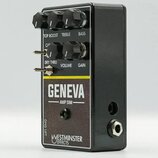 Černý kytarový efekt s nápisem GENEVA AMP SIM a logem WESTMINSTER EFFECTS. Na horní části jsou pětiknobečky s popisky TOP BOOST, TREBLE, BASS, DRY TH…