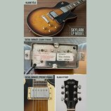 Koláž čtyř fotografií elektrické kytary typu LP v žlutomódním sunburst provedení. Na hlavě kytary je bílý nápis SKYLARK. Zadní strana snímače obsahuj…