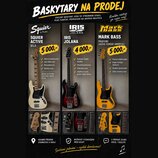 Inzerát zobrazuje tři elektrické basové kytary. První je bílá s nápisem Squier by Fender, druhá je červeně gradientní se značkou IRIS JOLANA a třetí…