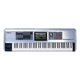 Stříbrný digitální klavír s černými a bílými klávesami. Na levé straně je nápis Roland a na pravé straně model Fantom G7. Instrument obsahuje displej…