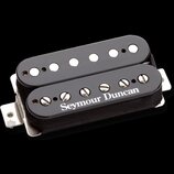 Černý humbucker s kovovou základnou a dvěma řadami snímačů. Na spodním krytu je bílý nápis Seymour Duncan. Horní řada má viditelné stříbrné pólové šr…