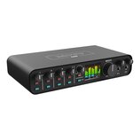 Černý audio rozhraní s nápisem MOTU M6 na horní straně. Přední panel obsahuje čtyři ovratové knoflíky s označením GAIN (čísla 1 až 4), přepínače 48V…