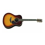 Akustická kytara s tělem typu dreadnought v žlutomodrém sunburst provedení. Na hlavě hředu je bílý nápis YAMAHA. Kytara má tmavý hmatník a tmavě hněd…