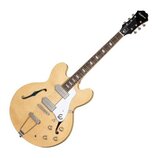 Polodupatá elektrická kytara s přírodním dřevěným povrchem a f-otvory. Na hlavě hředu je bílý nápis Epiphone a na bílém pickguardu se nachází logo v…