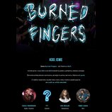 Grafický plakát kapely Burned Fingers s modro-bílým nápisem v horní části. V sekci KDO JSME je text popisující vznik kapely v roce 2021 a její žánr a…