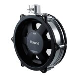 Elektronický bicí pad v černé barvě s kovovými prvky. Uprostřed je bílý nápis Roland a nad ním označení PD-125X DUAL TOM PAD. V dolní části jsou menš…