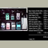 Fotografie zobrazuje pedalboard s řadou efektů. Jsou zde pedály s nápisy Maxon, UniChorus EBS, Vortex tc electronic, POG electro-harmonix, Bass Equal…