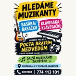 Grafický inzerát s nápisem HLEDÁME MUZIKANTY, který hledá basáka/basačku a klávesáka/klávesačku. V horní části jsou ilustrace elektrické basy v žlutě…