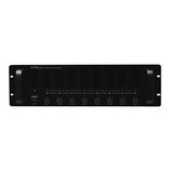 Černý rackový zesilovač s osmi ovládacími knoflíky v dolní části. V levém horním rohu je nápis "APARTO PREMI TRANSFORM-ATTENUATOR 30W". Zařízení má v…