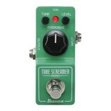 Zelený kytarový efekt s nápisy TUBE SCREAMER MINI a Ibanez. Na horní straně jsou dva černé otočné ovladače s popisky TONE a LEVEL, červená kontrolka…