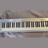 Stříbrný MIDI kontrolér s klávesnicí. Na horním panelu je zlatý pruh s nápisem M-AUDIO KEYSTATION 61mkII. Bílé klávesy vykazují zežlutnutí, na stříbr…