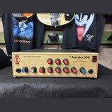 Zlatý basový zesilovač s nápisy EDEN, DAVID EDEN a The Traveler 550. Na předním panelu jsou uvedeny texty Twin Triode Tube Pre Amplifier, World Tour…