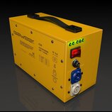 Žlutý kovový přístroj s černou rukojetí na horní straně. Na boku je nápis Bayger., model ST 230 a označení AC VOLTAGE STABILIZER 230 V +1,7% (4V). Př…