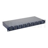 Šedý rackový přístroj s černým předním panelem. Na pravé straně je logo Palmer a nápis „Audio tools PAN16 8/16 CHANNEL PASSIVE DI BOX“. Přední panel…