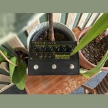 Černý kytarový pedál s nápisem TECH 21 NYC a SansAmp PROGRAMMABLE BASS DRIVER DI. Horní panel obsahuje šest otočných potenciometrů s popisky DRIVE, B…