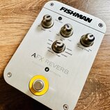 Stříbrný efektový pedál s nápisem FISHMAN v horní části a AFX REVERB ACOUSTIC EFFECTS ve spodní části. Zařízení má tři otočné oválné knoflíky s označ…