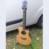 Akustická kytara s vyřezem v těle, přírodní barvou desky a tmavým hmatníkem. Na hlavě je bílý nápis YAMAHA a pod ním bílé logo. Nástroj je umístěn na…