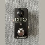 Černý kytarový pedál s nápisy DITTO a LOOPER. V horní části je ovládací knoflík s popiskem level, ve spodní části stoupací spínač s nápisem true bypa…
