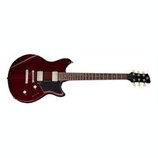 Tmavě červená elektrická kytara s černým hmatníkem a černým pickguardem. Nástroj má dva humbuckery s bílými rámečky a stříbrný most. Na hlavě hmatník…