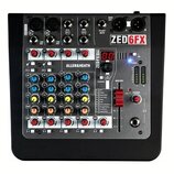 Míchací pult Allen & Heath ZED6FX v černé barvě s kovovým šedým panelem. Na přístroji jsou viditelné nápisy ALLEN&HEATH a ZED6FX. Obsahuje několik vs…