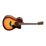 Akustická kytara s cutawayem v barevném přechodu od žluté přes oranžovou k hnědé. Na hlavě hmatníku je bílý nápis YAMAHA a logo znázornující vidličku…