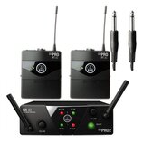 Sada bezdrátového systému značky AKG v černé barvě. Obsahuje dva vysílače s nápisem MINI PRO PT 40 a jeden přijímač s označením SR 40 STATIONARY RECE…