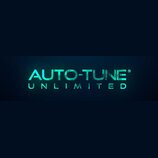 Grafický obrázek s nápisem AUTO-TUNE® UNLIMITED v tyrkysově modré barvě na tmavém pozadí. Písmo má digitální vzhled s viditelným rozdělením na malé č…
