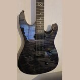 Elektrická kytara s tmavým, žilnatým povrchem těla a hnedým hmatníkem. Na hlavě je bílé logo ve tvaru symbolu nekonečna. Nástroj má dva humbuckery, j…