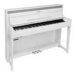 Bílé digitální piano s přívodním stojanem a třemi pedály. Na horní části krytu je umístěn nápis "CAYTON-CROME". Nástroj vykazuje čistý, hladký povrch…