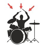 Černobílá silueta bubeníka za bicí sadbou. Obrázek je stylizovaný jako grafický symbol nebo logo, nejedná se o fotografii konkrétního nástroje. V hor…