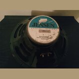 Fotografie znázorňuje zadní stranu reproduktoru s černým kovovým rámem. Na bílém štítku magnetu je modré logo JENSEN a nápisy JENSEN MUSIC INDUSTRIES…