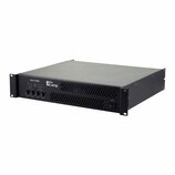 Černý rackový zesilovač s kovovým šasi a horním krytem v šedé barvě. Na předním panelu je nápis E4-130 a logo the t.amp. Vlevo se nachází čtyři ovlad…
