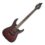 Elektrická kytara s červeným plamenovitým povrchem těla a černými komponenty. Na hlavě hředu je bílý nápis Jackson. Kytara má dva humbuckery, jeden o…
