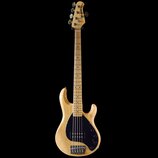 Pětstrunná elektrická basová kytara s přírodním dřevěným povrchem těla a hmatníkem. Tělo má černý pickguard, na kterém je umístěn jeden snímač. Na hl…