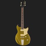 Zlatá elektrická kytara s tmavým hnedým hmatníkem a černou hlavou. Na hlavě je viditelné logo Yamaha. Kytara má dva humbuckery, bílý plecháč a dvě ov…