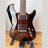 Elektrická kytara s tmavě hnědým průhledným lakem, která odhaluje strukturu dřeva. Má dva humbuckery, přičemž na spodním snímači je nápis Seymour Dun…