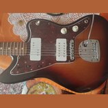 Elektrická kytara s korpusem v barevném přechodu od černé k hnědé a červené. Nástroj má tmavě červený vzorovaný pickguard, dva bílé snímače a chromov…