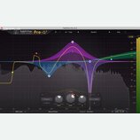Snímek zobrazuje uživatelské rozhraní softwarového equalizéru s názvem fabfilter Pro-Q 3. Na obrazovce je vidět spektrum zvuku s několika barevnými f…