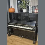 Černý piano v přímém záběru s dekorativními rytinami na horní části korpusu. Nástroj vykazuje viditelné opotřebení a odřesy laku, zejména na hraně na…